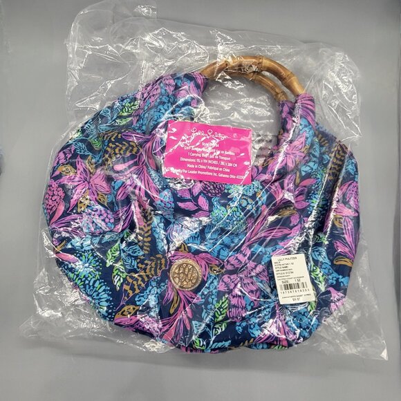 Lilly Pulitzer Aegean Navy Calypso Coast Bamboo Handle Hobo Handbag - Picture 5 of 14